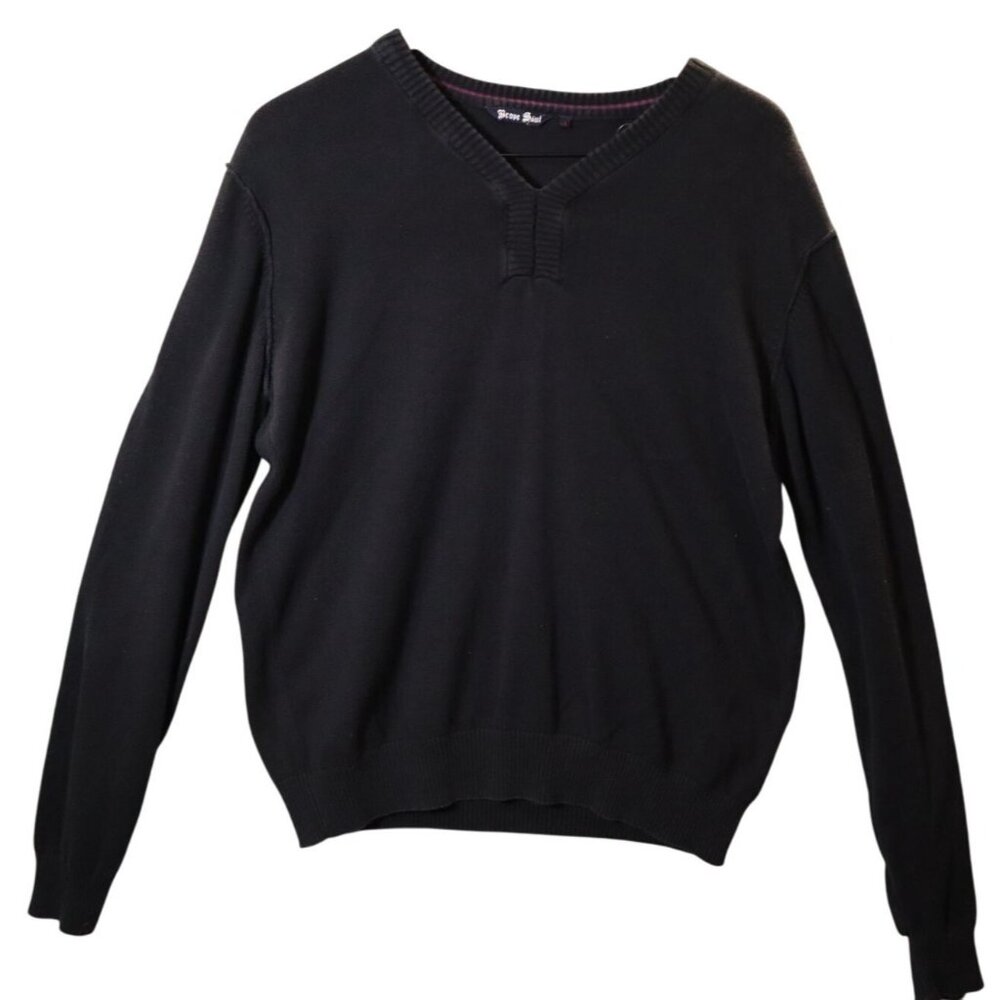 Brave Soul Black V-Neck Knit Sweater L Cotton Blend Long Sleeve Mens Pullover